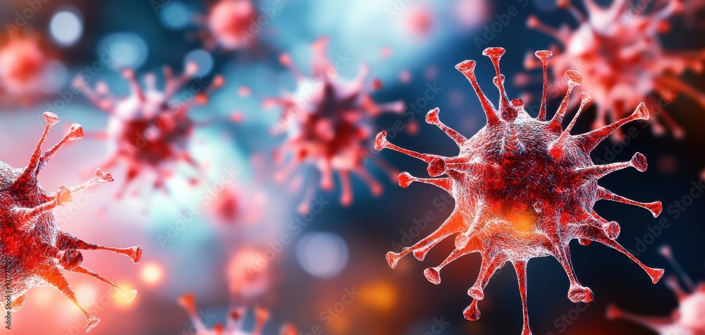Poster close-up view of a viral structure, showcasing intricate details and vibrant colors that emphasize i