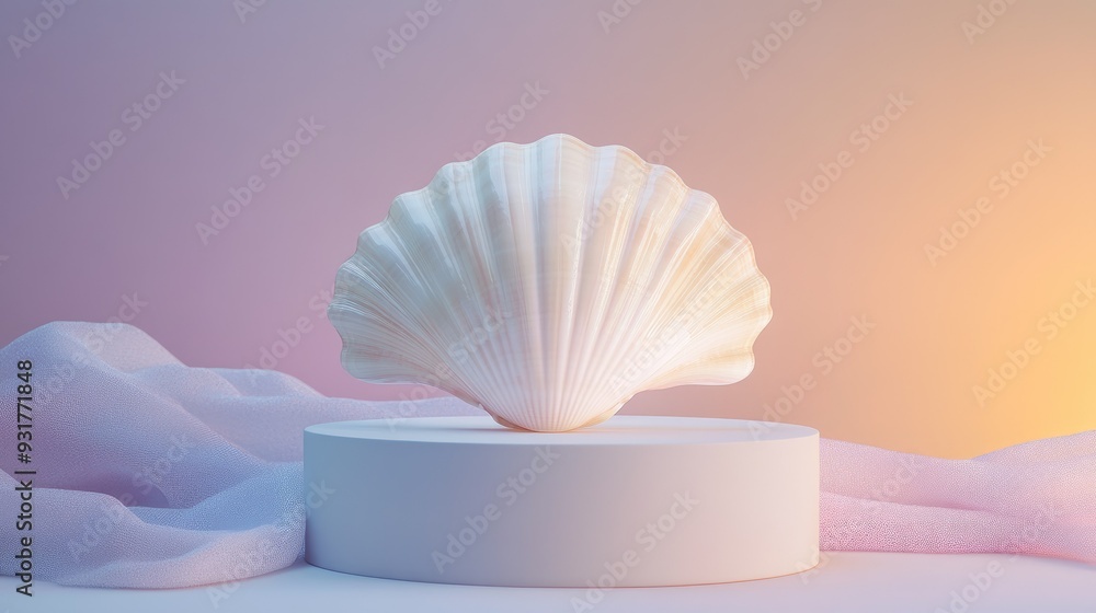 Poster a white seashell podium with subtle lighting, set against a smooth gradient background for an elegan