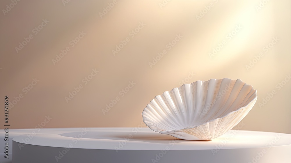 Poster a white seashell podium with subtle lighting, set against a smooth gradient background for an elegan