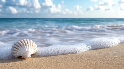 A white seashell podium on a sandy beach, with a gentle wave in the background, creating a tranquil display setting.