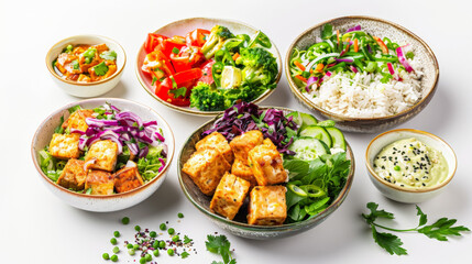 Food art photography. Vegan dishes. Tofu, salad, curry. Plain white background