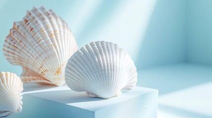 A white seashell podium on a soft blue background, offering a coastal-themed display with a touch of elegance.