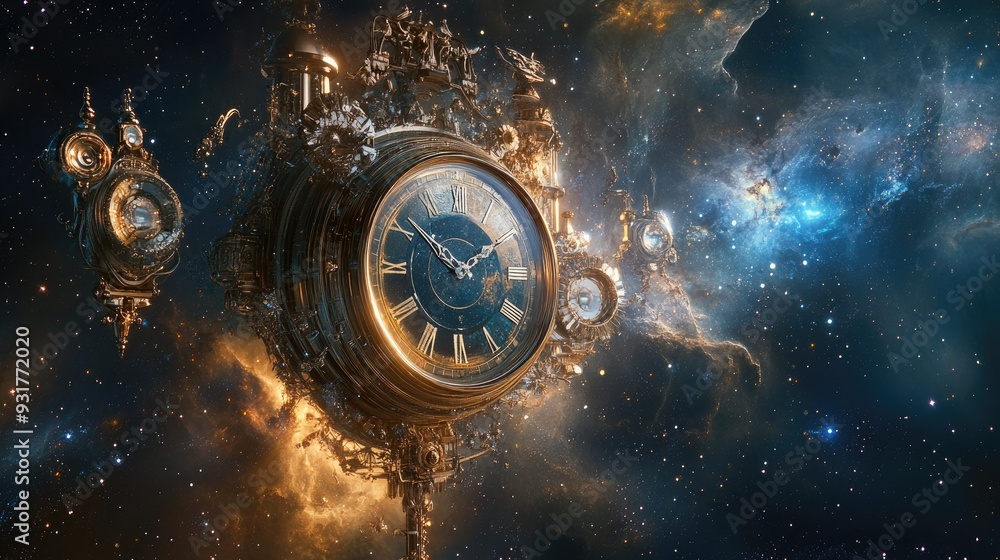 Poster abstract clock face suspended in space, with timepieces floating amidst a backdrop of stars and cosm