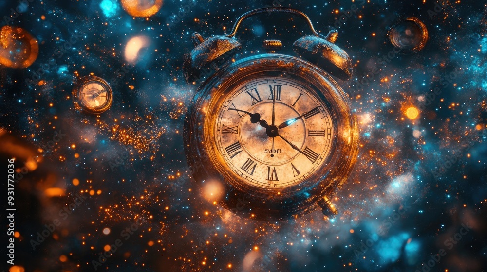 Poster abstract clock face suspended in space, with timepieces floating amidst a backdrop of stars and cosm