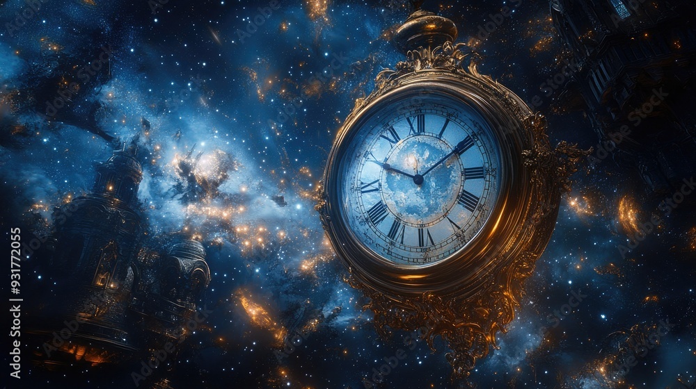 Poster abstract clock face suspended in space, with timepieces floating amidst a backdrop of stars and cosm