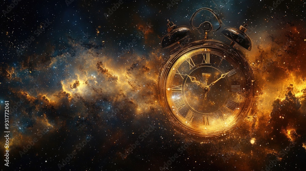 Poster abstract clock face suspended in space, with timepieces floating amidst a backdrop of stars and cosm