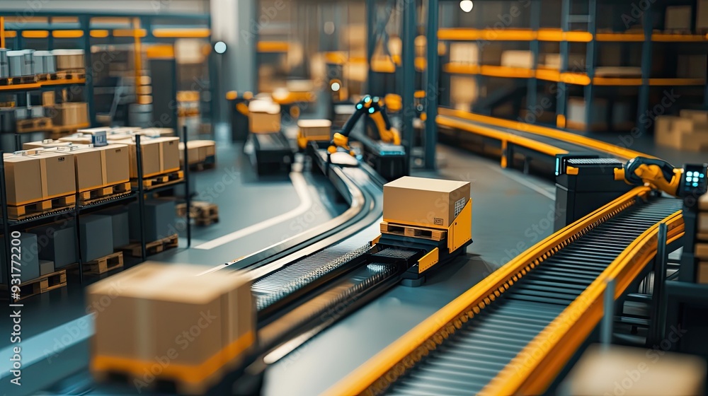 Poster advanced automation in a logistics warehouse with conveyor belts and robots handling packages. clean