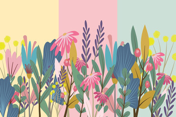 Various beautiful flowers and nature in multicolored on pastel background .