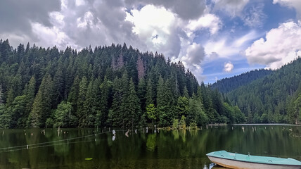 Obraz premium Bikaz Gorge and Lakul Roshu (Red Lake) - Eastern Carpathians - Romania - Europe 