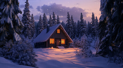 Fototapeta premium Secluded Cabin in Snowy Forest: A Serene Winter Wonderland Retreat.