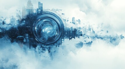 Futuristic Blue Cityscape with Geometric Digital Networks