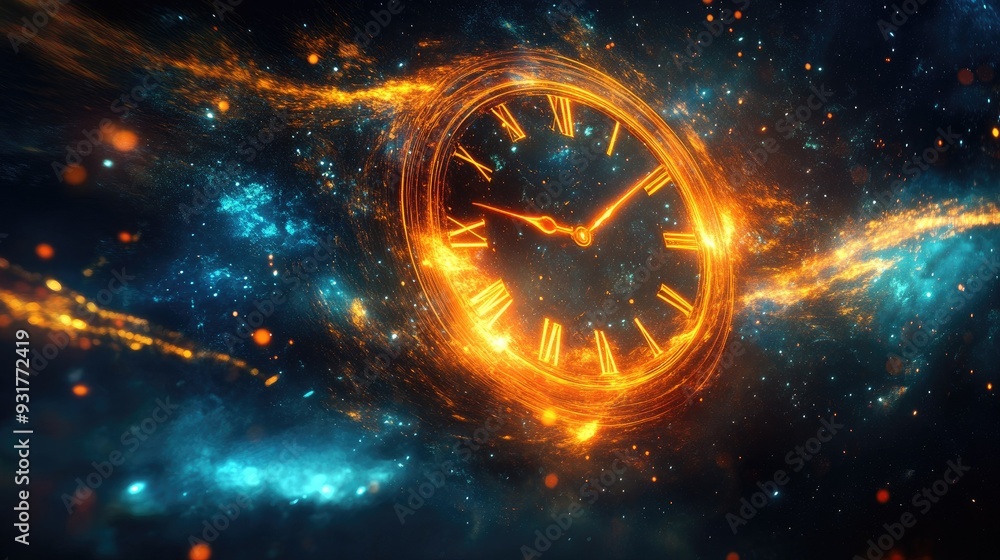 Aufkleber an abstract representation of time, with a clock in space, its hands glowing as they move across a c