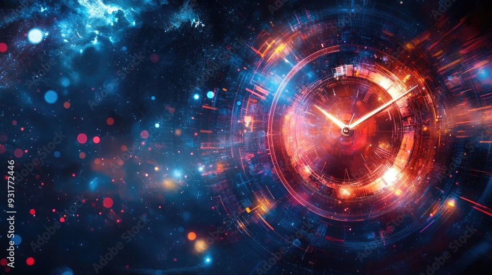 Poster an abstract representation of time, with a clock in space, its hands glowing as they move across a c