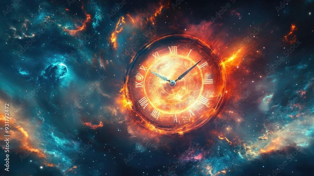 Poster an abstract representation of time, with a clock in space, its hands glowing as they move across a c