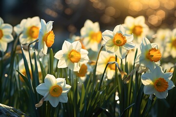 Fototapeta premium Amazing white daffodils flowers bask sunlight amidst image