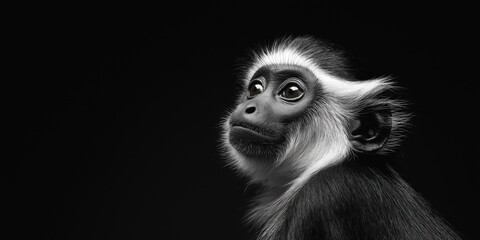 Fototapeta premium Photo of a Black & White Colobus monkey isolated against a black background, emphasising the Black & White Colobus monkey's majestic features. Wildlife and conservation concept, space for copy.