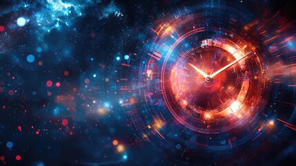 Obraz premium An abstract representation of time, with a clock in space, its hands glowing as they move across a cosmic background.