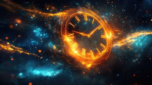 An abstract representation of time, with a clock in space, its hands glowing as they move across a cosmic background.