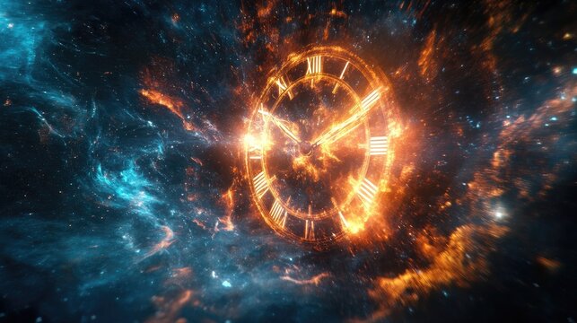 An abstract representation of time, with a clock in space, its hands glowing as they move across a cosmic background.