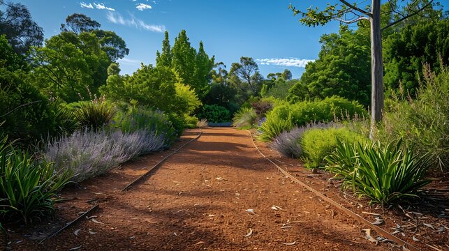 Red sand garden at Royal botanic garden Cranbourne Melbourne Australia Sep 2023 Stunning bushland known for its red sand expanse featuring walking trails and scenic viewing points : Generative AI