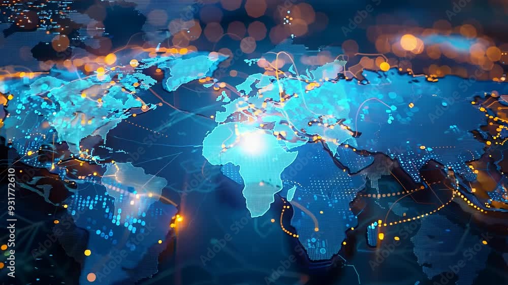 Poster glowing world map with futuristic digital elements and neon lights on dark background. concepts of g