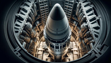 Powerful space rocket suspended within a complex technological structure. Concept of advanced technology, aerospace industry, and engineering design