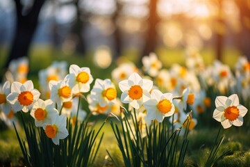 Obraz premium Amazing white daffodils flowers bask sunlight amidst image