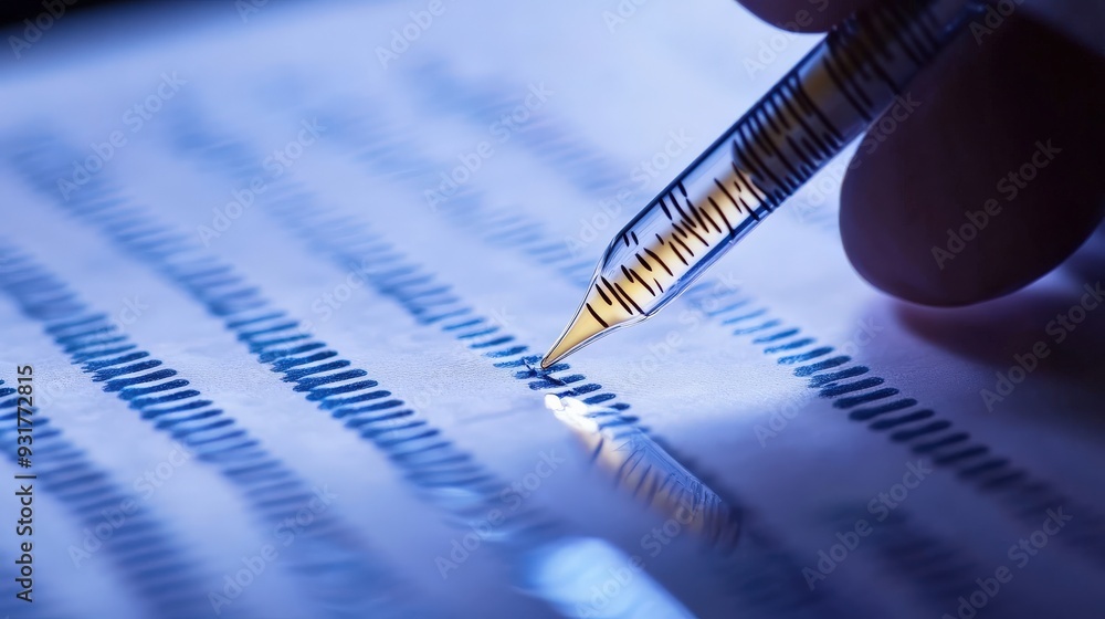Poster a hand is transcribing genetic code into rna using a pen while focusing on the lines of data present