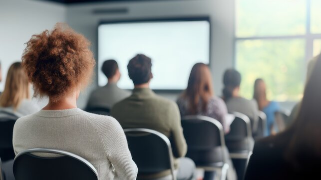 Diverse group of people facing forward in modern conference room, attentively listening to speaker during educational presentation.