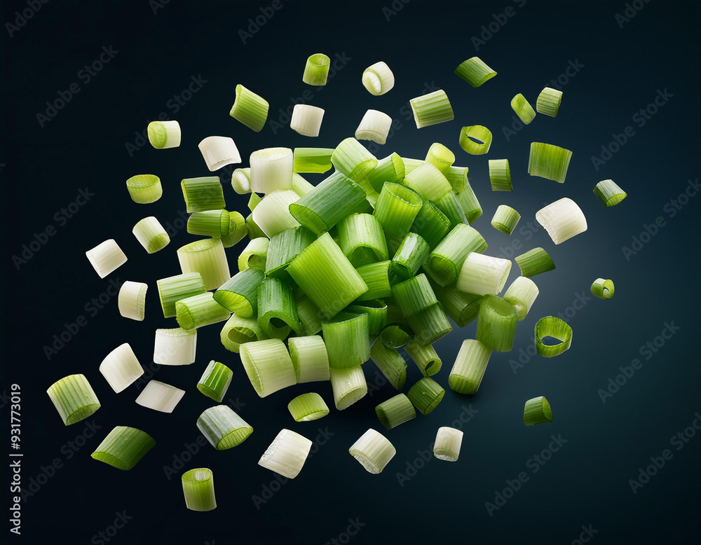 Poster descending diced scallion alone on blank backdrop with complete dimension.