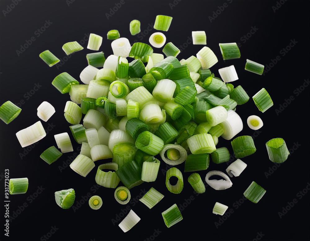 Poster descending diced scallion alone on blank backdrop with complete dimension.