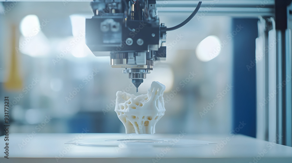 Poster close-up of a 3d printer building a detailed object with precision, in a well-lit, modern workspace.