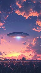 A UFO silently hovers in the sky as vibrant clouds surround the stunning sunset