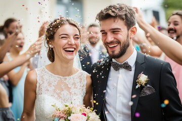 Newlywed couple walking happily while friends and family throwing confetti on couple at the wedding ceremony in front of the church