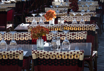 Outdoors lunch table setting in Paris spring sunshine