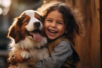 Happy joyful satisfied laughing child hugging beloved fluffy dog