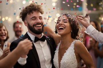 Newlywed couple walking happily while friends and family throwing confetti on couple at the wedding ceremony in front of the church