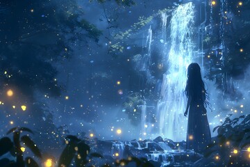 Fototapeta premium A pretty woman with blue hair stands by a waterfall&nbsp;at night with fireflies in the background.