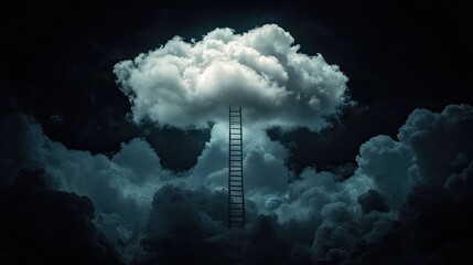 Fototapeta premium Dreamlike image of a ladder climbing up to a soft, cotton cloud, set against a deep, dark sky.