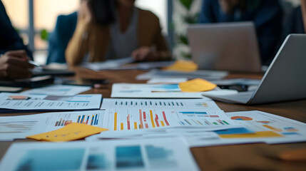 Fototapeta premium Close-up of a team engaging in a heated market strategy discussion, with financial papers and laptops scattered around