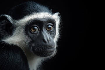 Obraz premium Photo of a Black & White Colobus monkey isolated against a black background, emphasising the Black & White Colobus monkey's majestic features. Wildlife and conservation concept, space for copy.