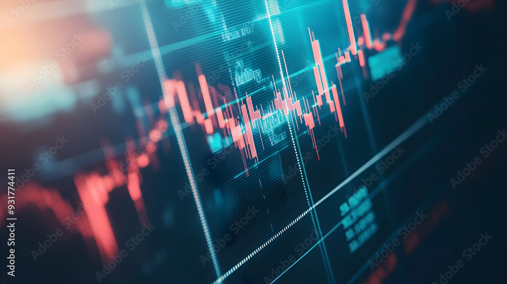 Poster chart with uptrend line candlestick graph in stock market on blue color monitor background