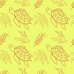 Seamless pattern with sea turtles and corals, underwater life, hand drawn. Seamless pattern. Suitable for textiles, covers, wall wallpaper, packing, children's prints, etc.