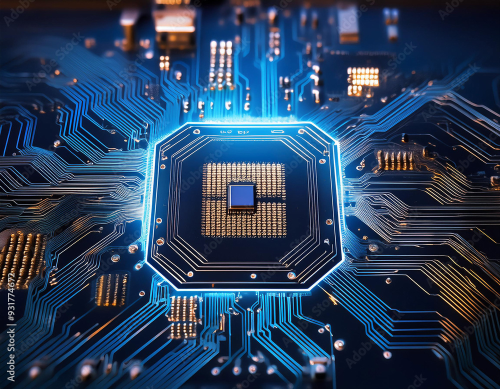 Poster electronic board with advanced processing units, showcasing the concept of a central computer.