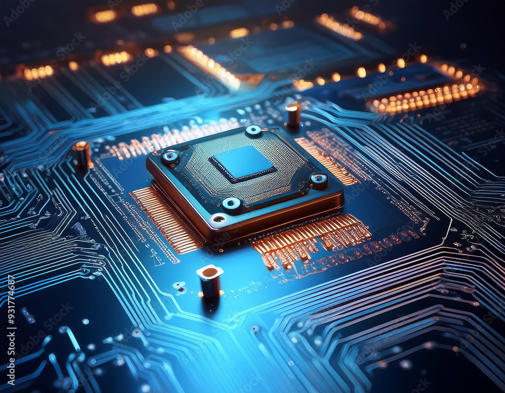 Poster electronic board with advanced processing units, showcasing the concept of a central computer.