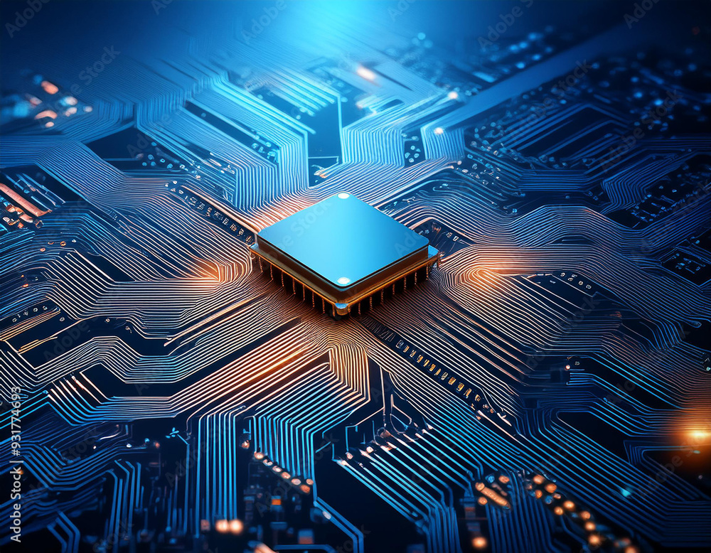 Poster electronic board with advanced processing units, showcasing the concept of a central computer.