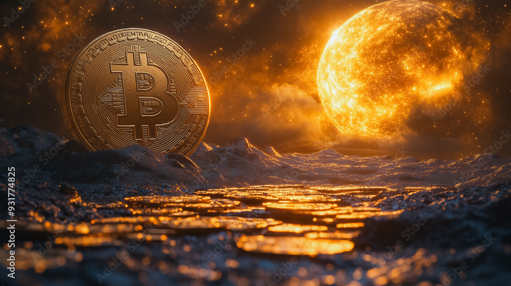 Poster a large bitcoin is floating in the water next to a large orange moon. the scene is surreal and dream