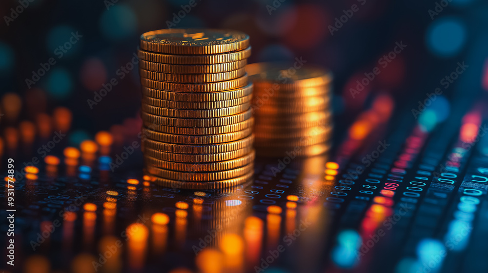 Poster three stacks of gold coins on a computer screen. the coins are arranged in a pyramid shape, with the