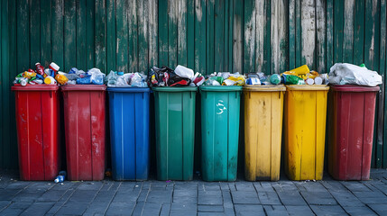 Collection of recycling bins with different types of waste