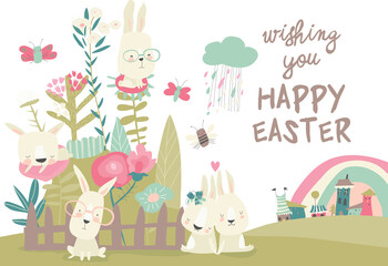 Cute cartoon bunny with Easter eggs and flowers